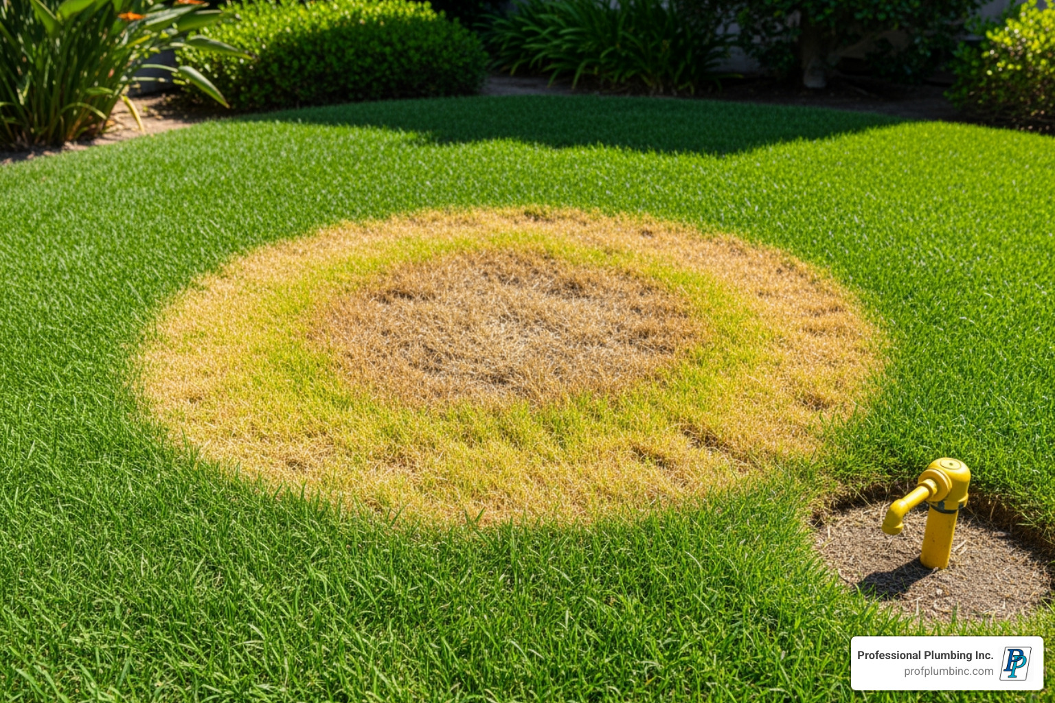 discolored patch of grass near an outdoor gas line in a typical Orange County yard - gas lines repair orange county discolored patch of grass near an outdoor gas line in a typical Orange County yard - gas lines repair orange county