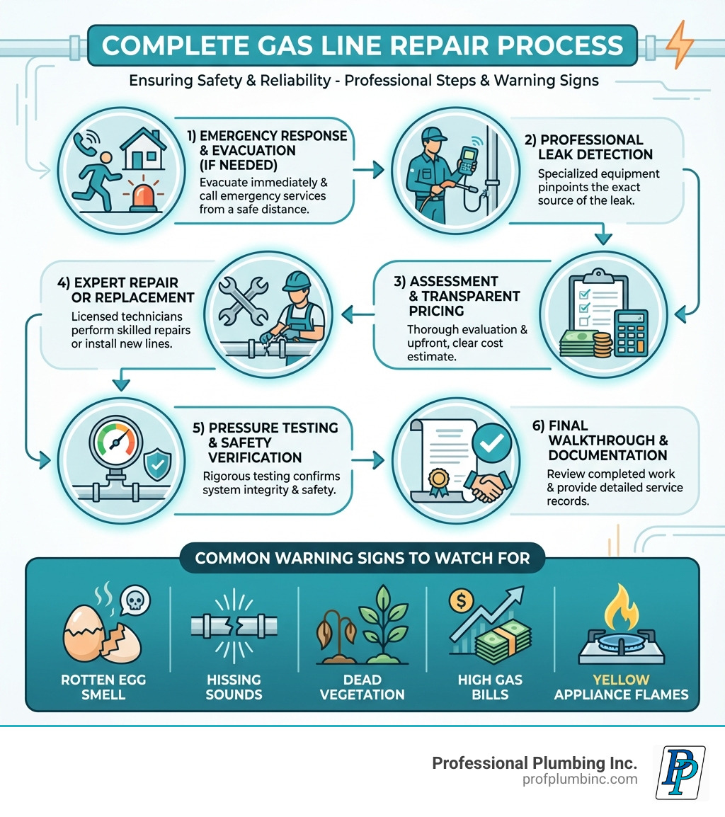Infographic showing the complete gas line repair process: 1) Emergency response and evacuation if needed, 2) Professional leak detection using specialized equipment, 3) Assessment and transparent pricing, 4) Expert repair or replacement by licensed technicians, 5) Pressure testing and safety verification, 6) Final walkthrough and documentation. Includes icons for common warning signs: rotten egg smell, hissing sounds, dead vegetation, high gas bills, and yellow appliance flames. - gas lines repair orange county infographic Infographic showing the complete gas line repair process: 1) Emergency response and evacuation if needed, 2) Professional leak detection using specialized equipment, 3) Assessment and transparent pricing, 4) Expert repair or replacement by licensed technicians, 5) Pressure testing and safety verification, 6) Final walkthrough and documentation. Includes icons for common warning signs: rotten egg smell, hissing sounds, dead vegetation, high gas bills, and yellow appliance flames. - gas lines repair orange county infographic