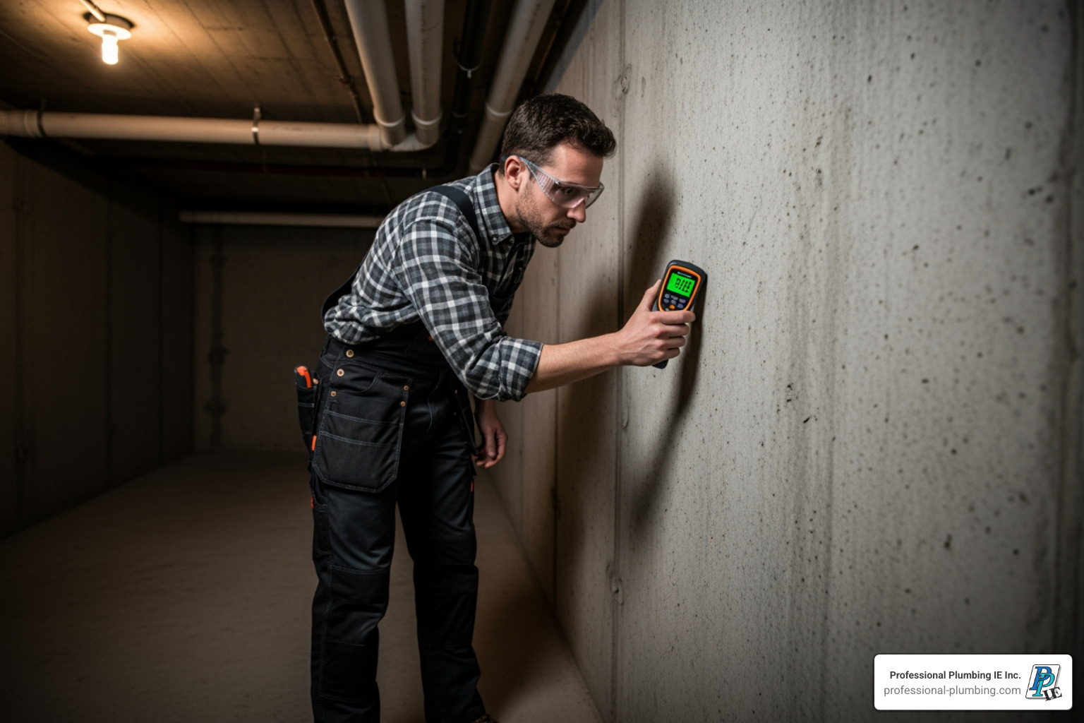 A specialist using a moisture meter on a basement wall - foundation leak specialist
