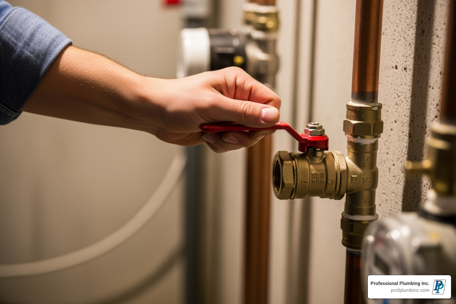 A close-up image of a hand turning a main water shut-off valve in a home. - burst pipe repair Costa Mesa