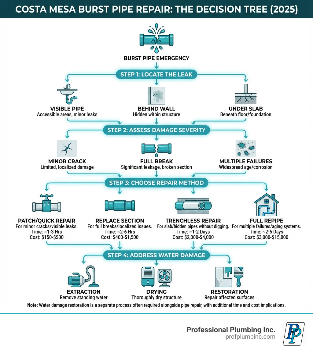 Infographic showing burst pipe repair decision tree: Step 1 - Locate the leak (visible pipe, behind wall, under slab), Step 2 - Assess damage severity (minor crack, full break, multiple failures), Step 3 - Choose repair method (patch, replace section, trenchless repair, full repipe), Step 4 - Address water damage (extraction, drying, restoration). Includes typical timeframes and cost ranges for each path. - burst pipe repair Costa Mesa infographic 