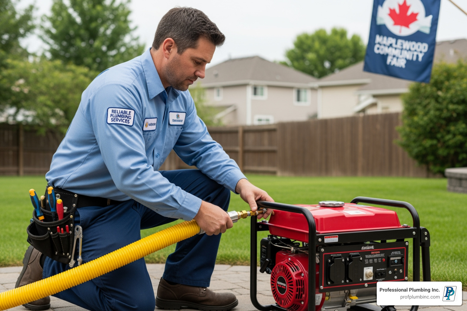 A licensed plumber carefully connects a flexible gas line to a generator, with a Huntington Beach High School banner in the background. - connecting generator to natural gas line A licensed plumber carefully connects a flexible gas line to a generator, with a Huntington Beach High School banner in the background. - connecting generator to natural gas line