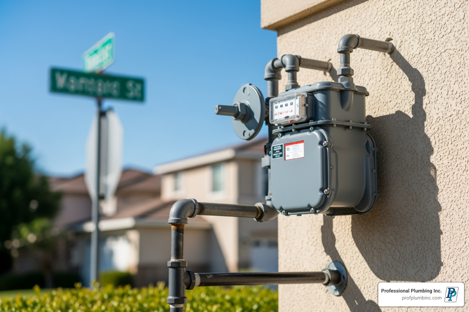 A natural gas meter with a new line branching off for a generator, with a Costa Mesa street sign in the background. - connecting generator to natural gas line A natural gas meter with a new line branching off for a generator, with a Costa Mesa street sign in the background. - connecting generator to natural gas line