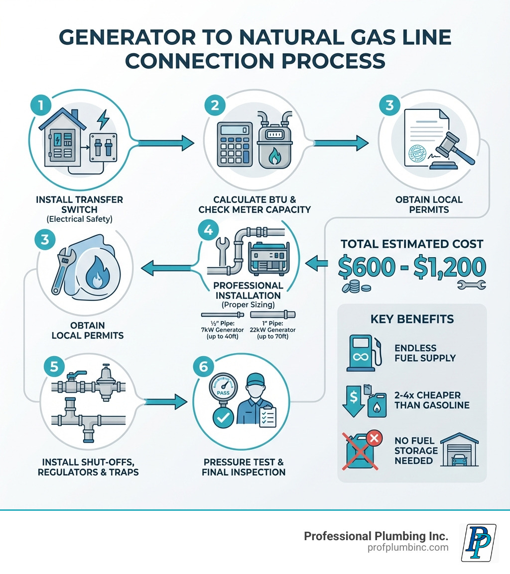 Infographic showing the complete process of connecting a generator to a natural gas line: Step 1 - Install transfer switch for electrical safety, Step 2 - Calculate BTU needs and check meter capacity, Step 3 - Obtain local permits, Step 4 - Professional installation with proper pipe sizing (½" for 7kW up to 40ft, 1" for 22kW up to 70ft), Step 5 - Install shut-off valves, regulators, and sediment traps, Step 6 - Pressure test and final inspection. Total cost range: $600-$1,200. Benefits highlighted: endless fuel supply, 2-4x cheaper than gasoline, no storage needed. - connecting generator to natural gas line infographic Infographic showing the complete process of connecting a generator to a natural gas line: Step 1 - Install transfer switch for electrical safety, Step 2 - Calculate BTU needs and check meter capacity, Step 3 - Obtain local permits, Step 4 - Professional installation with proper pipe sizing (½" for 7kW up to 40ft, 1" for 22kW up to 70ft), Step 5 - Install shut-off valves, regulators, and sediment traps, Step 6 - Pressure test and final inspection. Total cost range: $600-$1,200. Benefits highlighted: endless fuel supply, 2-4x cheaper than gasoline, no storage needed. - connecting generator to natural gas line infographic