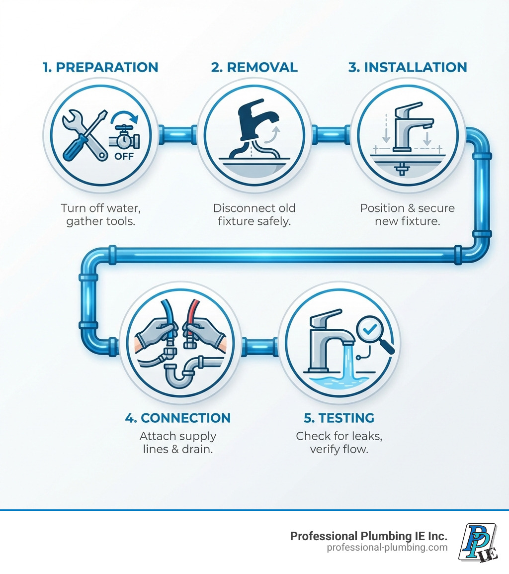 infographic showing the 5 key stages of plumbing fixture installation with icons: Stage 1 Preparation shows tools and water shut-off valve, Stage 2 Removal shows old fixture being disconnected, Stage 3 Installation shows new fixture being positioned, Stage 4 Connection shows supply lines and drain pipes being attached, Stage 5 Testing shows water running and leak inspection - plumbing fixture installation infographic 