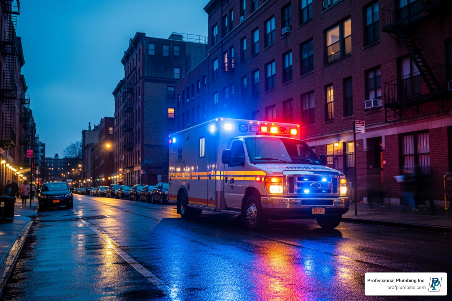 an emergency vehicle (non-branded) with lights on, parked on a street - Anaheim gas leak