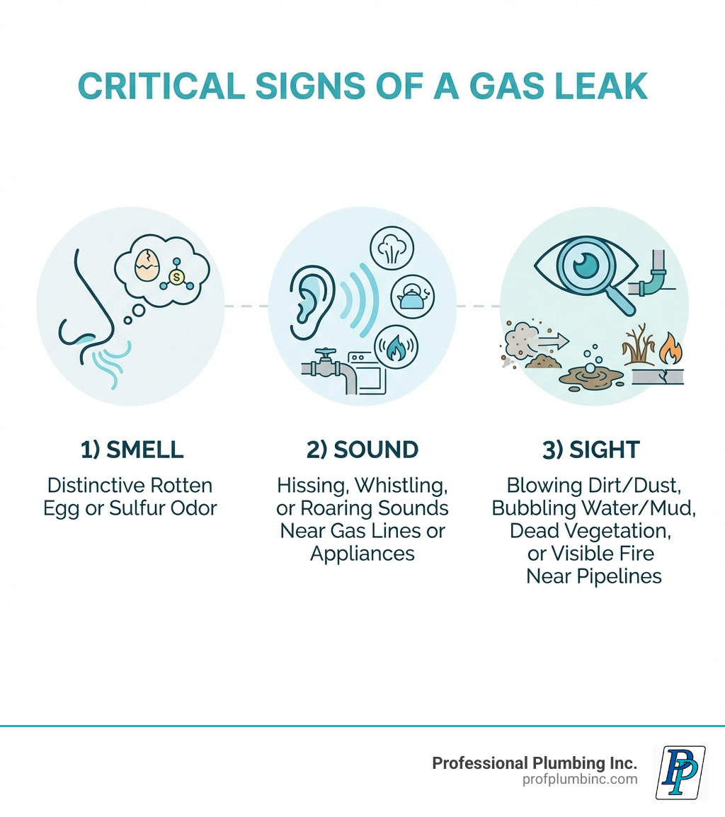 Infographic showing the three critical signs of a gas leak: 1) Smell - A distinctive rotten egg or sulfur odor (similar to rotten eggs), 2) Sound - Hissing, whistling, or roaring sounds near gas lines or appliances, 3) Sight - Blowing dirt or dust, bubbling water or mud, dead vegetation patches, or visible fire near pipelines - Anaheim gas leak infographic 