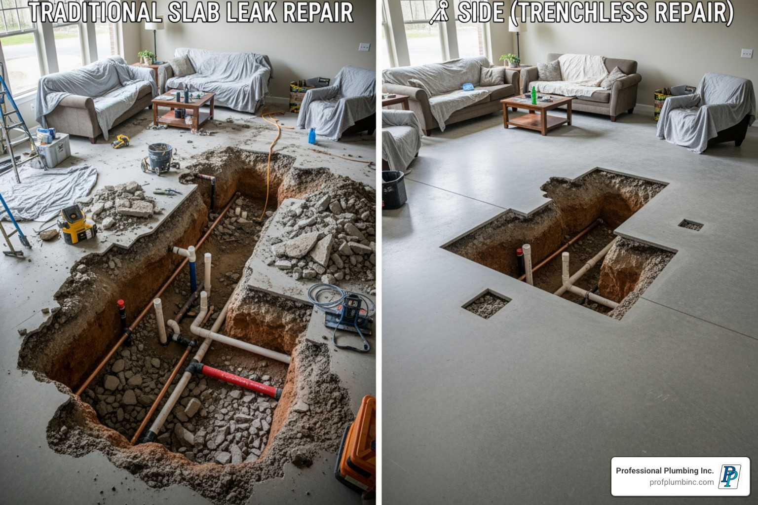 A split image showing a messy, excavated living room for a traditional repair next to a clean home with only small access points for a trenchless repair. - Trenchless slab leak repair