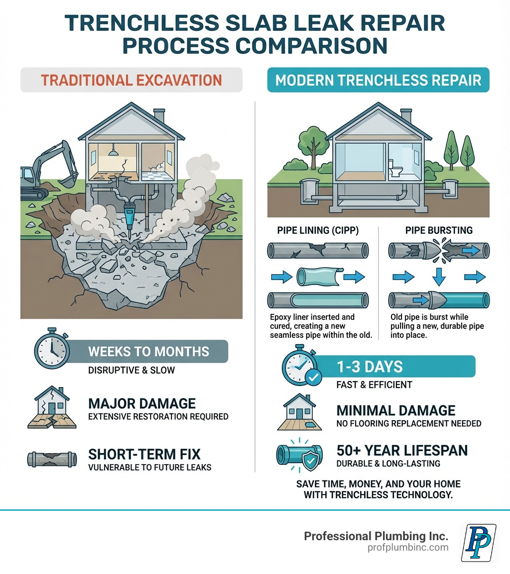 Trenchless slab leak repair process comparison showing traditional excavation versus modern pipe lining and pipe bursting methods, including timeline of 1-3 days, 50+ year lifespan, and minimal property damage - Trenchless slab leak repair infographic 