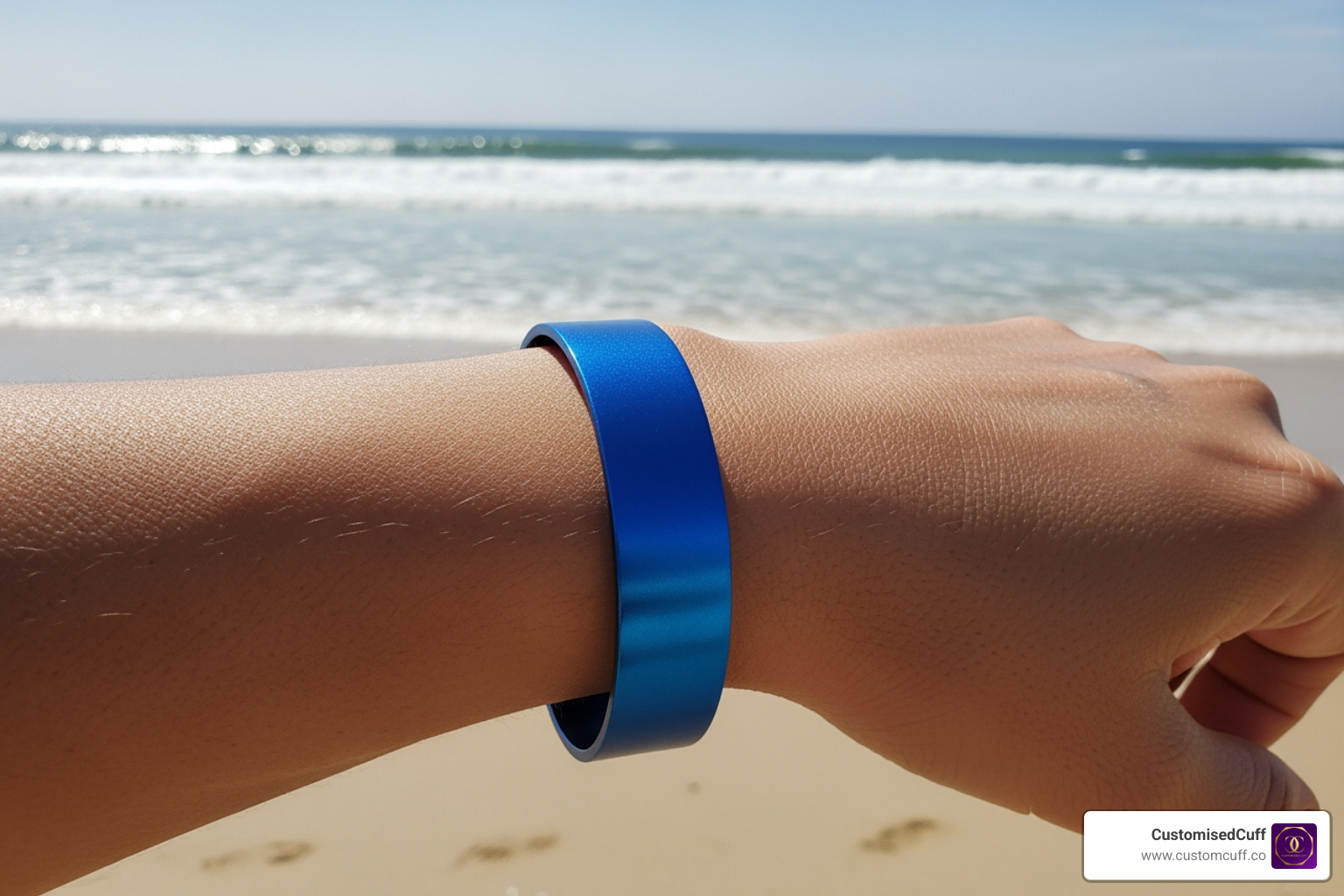 A person wearing a vibrant blue anodized aluminum bracelet on their wrist, standing on a beach with the ocean in the background - engraved aluminum bracelets