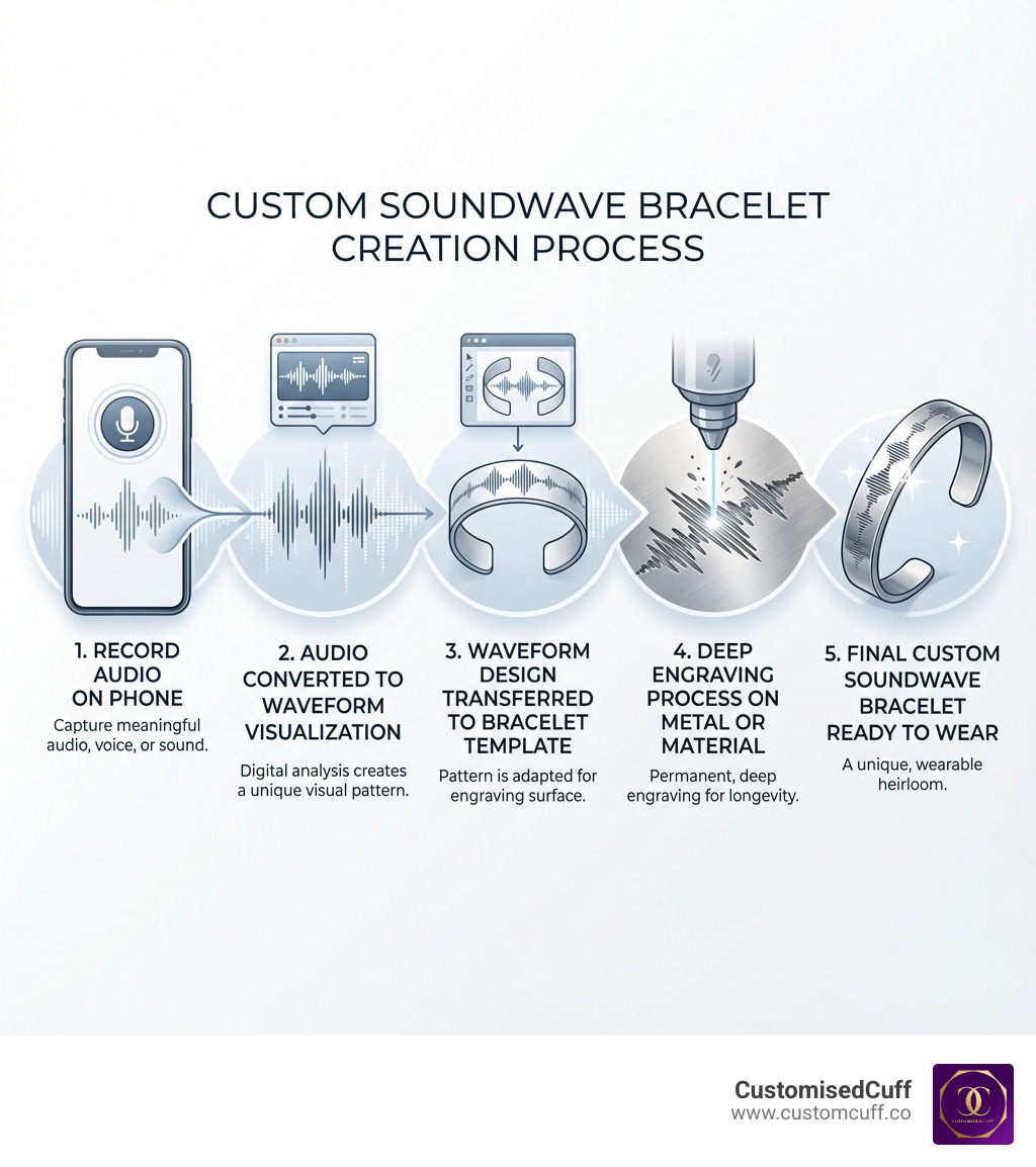 Infographic showing the process of converting a sound recording into a visual waveform pattern that is then engraved onto a bracelet, with labeled steps: 1) Record audio on phone, 2) Audio converted to waveform visualization, 3) Waveform design transferred to bracelet template, 4) Deep engraving process on metal or material, 5) Final custom soundwave bracelet ready to wear - custom soundwave bracelet infographic 