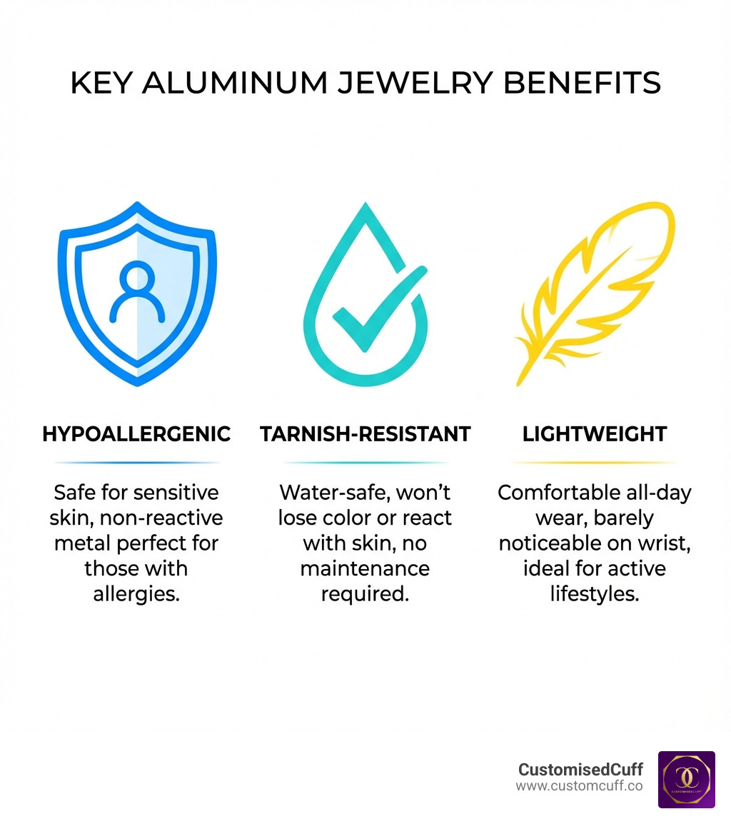 Infographic showing three key aluminum jewelry benefits: A shield icon labeled "Hypoallergenic - Safe for sensitive skin, non-reactive metal perfect for those with allergies", a water droplet with checkmark labeled "Tarnish-Resistant - Water-safe, won't lose color or react with skin, no maintenance required", and a feather icon labeled "Lightweight - Comfortable all-day wear, barely noticeable on wrist, ideal for active lifestyles" - engraved aluminum bracelets infographic 