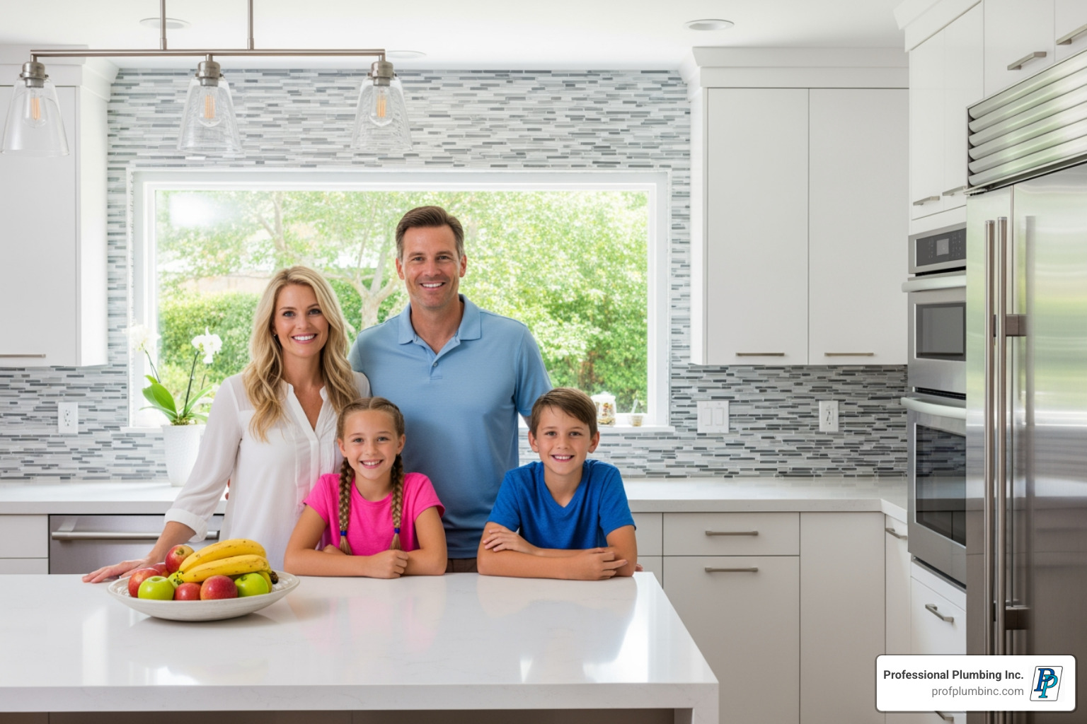 family smiling in their clean, modern kitchen - certified plumbing technicians family smiling in their clean, modern kitchen - certified plumbing technicians