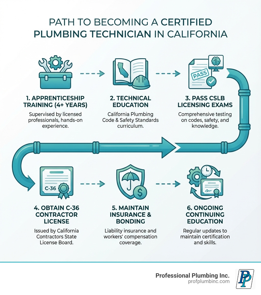 Infographic showing the path to becoming a certified plumbing technician: Starting with 4+ years of apprenticeship training under licensed supervision, followed by technical education in California Plumbing Code and safety standards, then passing CSLB licensing exams, obtaining C-36 contractor license, maintaining insurance and bonding, and completing ongoing continuing education requirements - certified plumbing technicians infographic Infographic showing the path to becoming a certified plumbing technician: Starting with 4+ years of apprenticeship training under licensed supervision, followed by technical education in California Plumbing Code and safety standards, then passing CSLB licensing exams, obtaining C-36 contractor license, maintaining insurance and bonding, and completing ongoing continuing education requirements - certified plumbing technicians infographic
