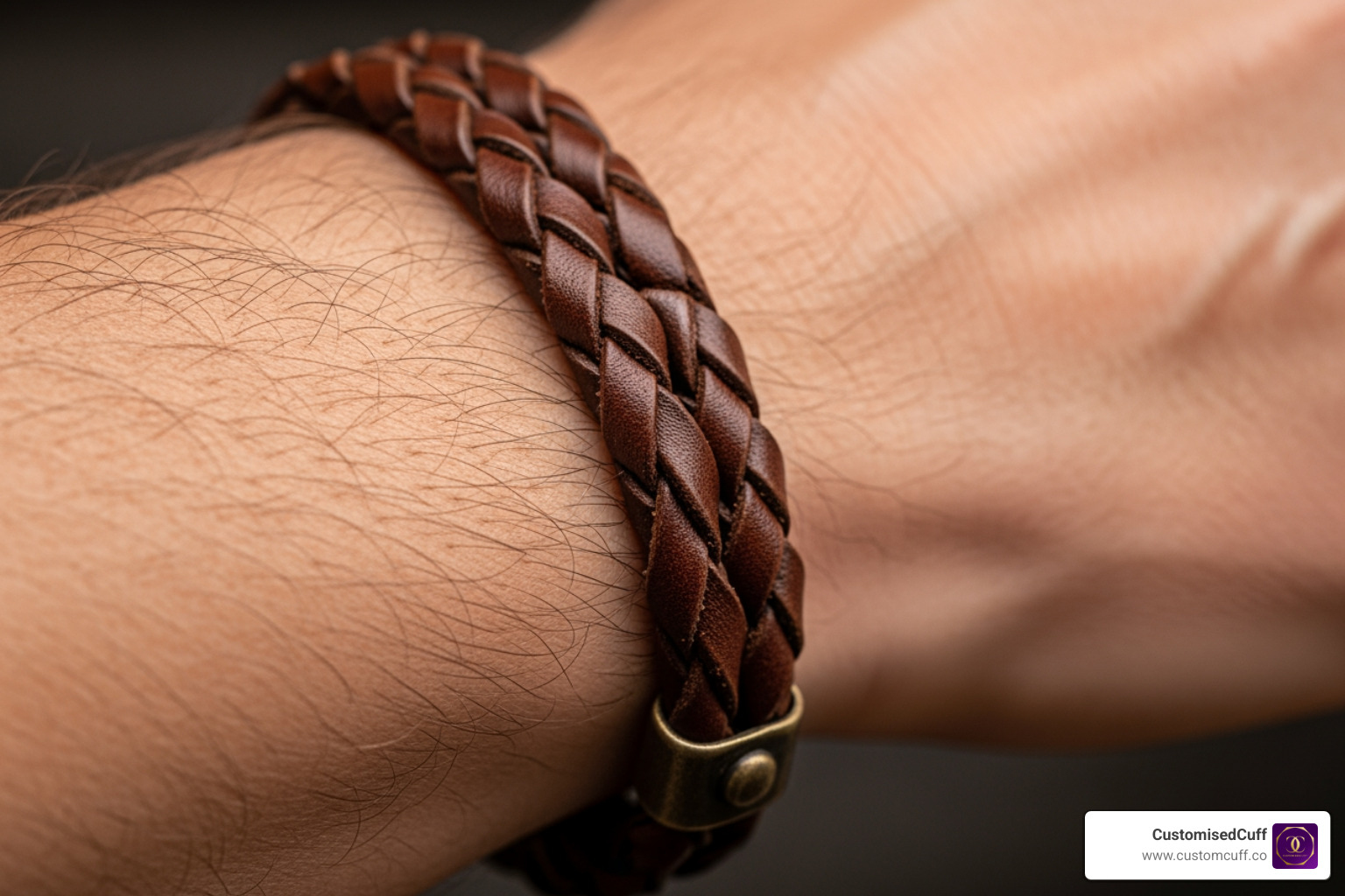 man's wrist with braided brown leather bracelet - bracelet for boyfriend