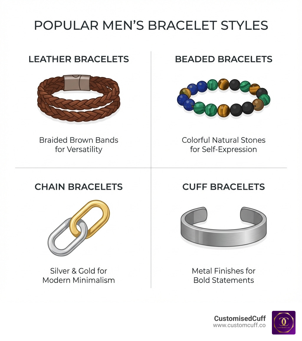 Infographic showing four popular men's bracelet styles: Leather bracelets with braided brown bands for versatility, Beaded bracelets with colorful natural stones for self-expression, Chain bracelets in silver and gold for modern minimalism, and Cuff bracelets in metal finishes for bold statements - bracelet for boyfriend infographic 