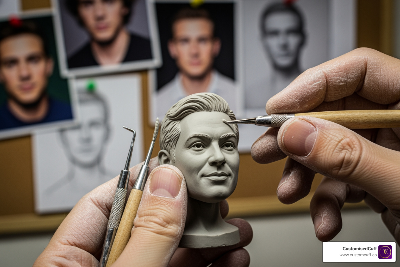 A sculptor's hands meticulously working on a clay bobblehead head, with reference photos visible in the background - bride and groom bobbleheads A sculptor's hands meticulously working on a clay bobblehead head, with reference photos visible in the background - bride and groom bobbleheads