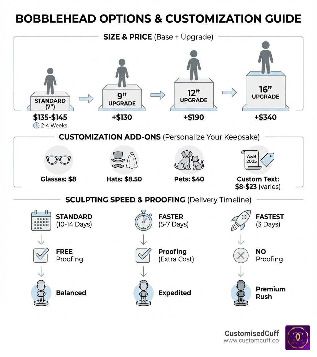 Detailed infographic comparing bobblehead options: Standard size 7 inches at $135-145 with 2-4 week production, 9 inch upgrade adds $130, 12 inch adds $190, 16 inch adds $340. Customization add-ons include glasses $8, hats $8.50, pets $40, custom text $8-23 depending on length. Three sculpting speeds shown: Standard 10-14 days with free proofing, Faster 5-7 days with proofing for extra cost, Fastest 3 days no proofing for premium cost - bride and groom bobbleheads infographic Detailed infographic comparing bobblehead options: Standard size 7 inches at $135-145 with 2-4 week production, 9 inch upgrade adds $130, 12 inch adds $190, 16 inch adds $340. Customization add-ons include glasses $8, hats $8.50, pets $40, custom text $8-23 depending on length. Three sculpting speeds shown: Standard 10-14 days with free proofing, Faster 5-7 days with proofing for extra cost, Fastest 3 days no proofing for premium cost - bride and groom bobbleheads infographic