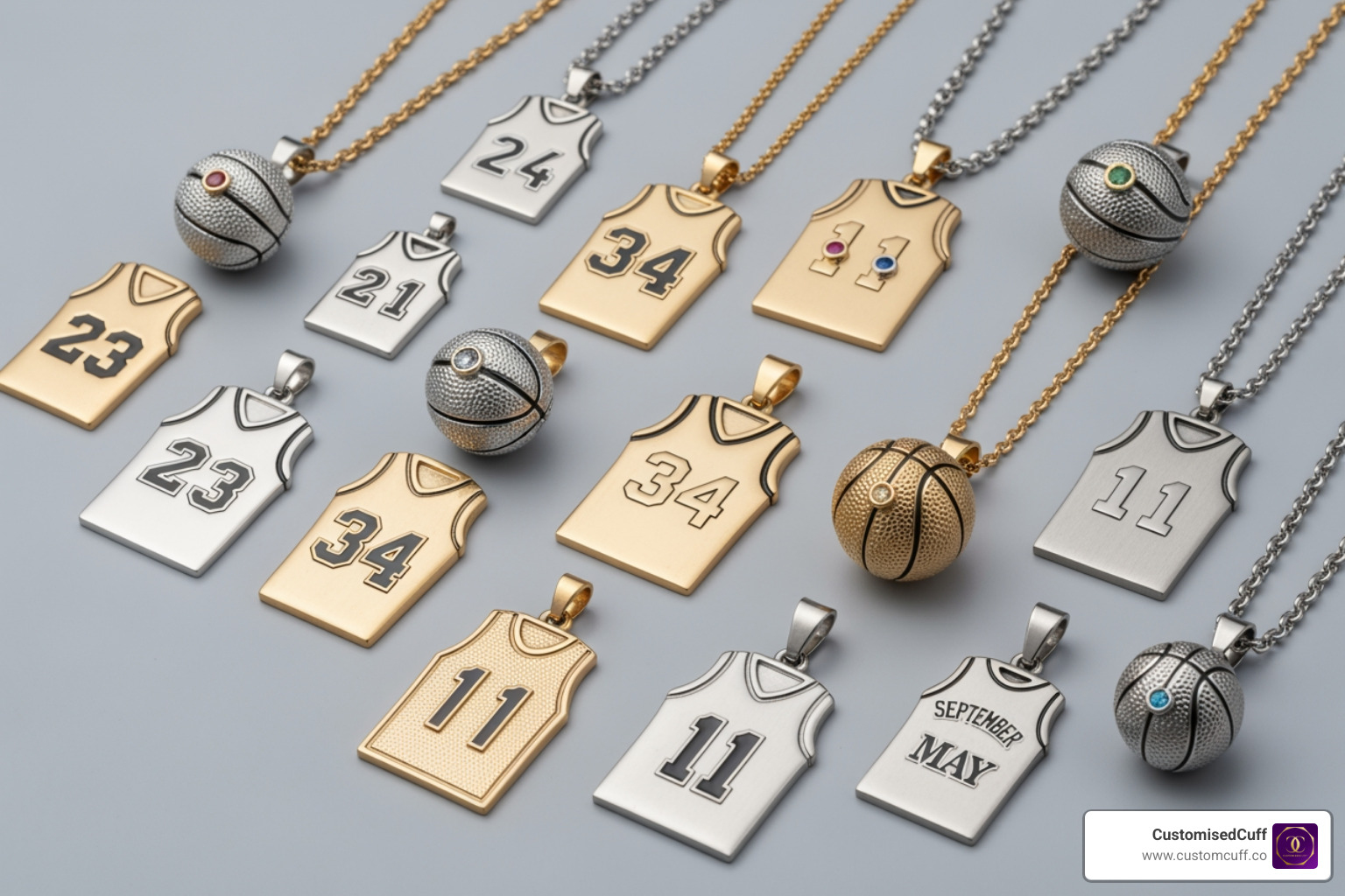 showcasing a flat lay of different custom basketball necklace styles - custom basketball necklace showcasing a flat lay of different custom basketball necklace styles - custom basketball necklace