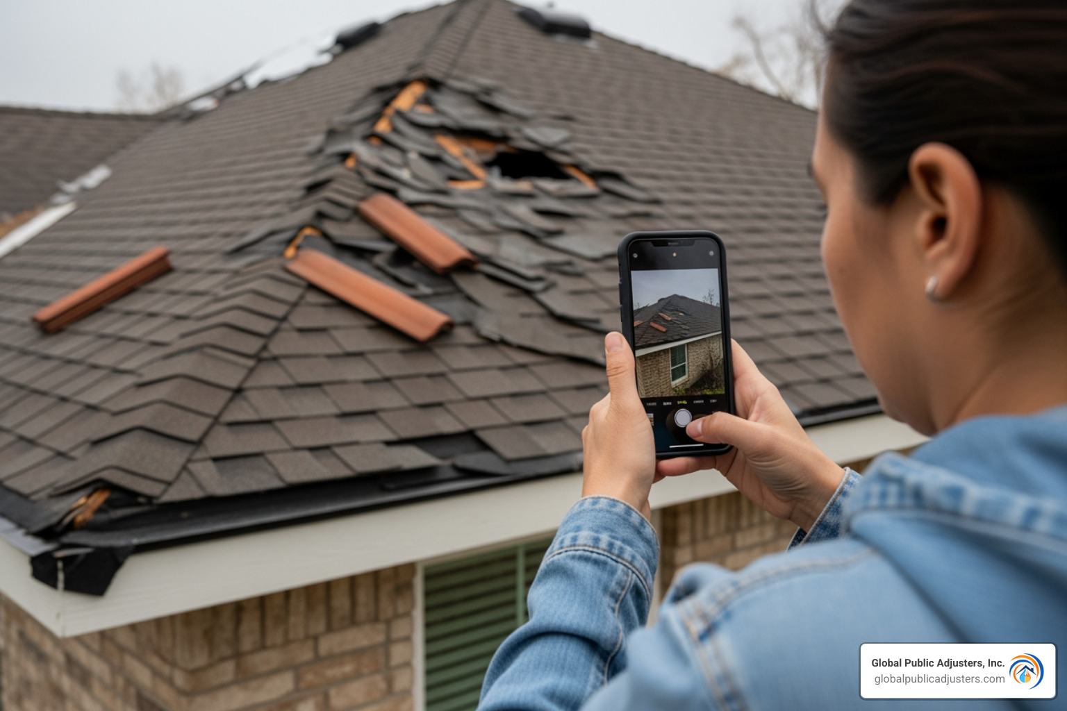 homeowner taking photos of damaged roof - hurricane damage claims miami