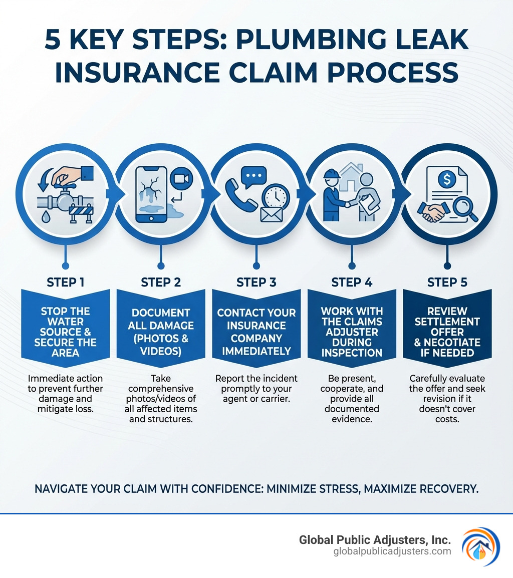 Infographic showing the 5 key steps of a plumbing leak insurance claim: 1. Stop the water source and secure the area, 2. Document all damage with photos and videos, 3. Contact your insurance company immediately, 4. Work with the claims adjuster during inspection, 5. Review settlement offer and negotiate if needed - plumbing leak insurance claim infographic 