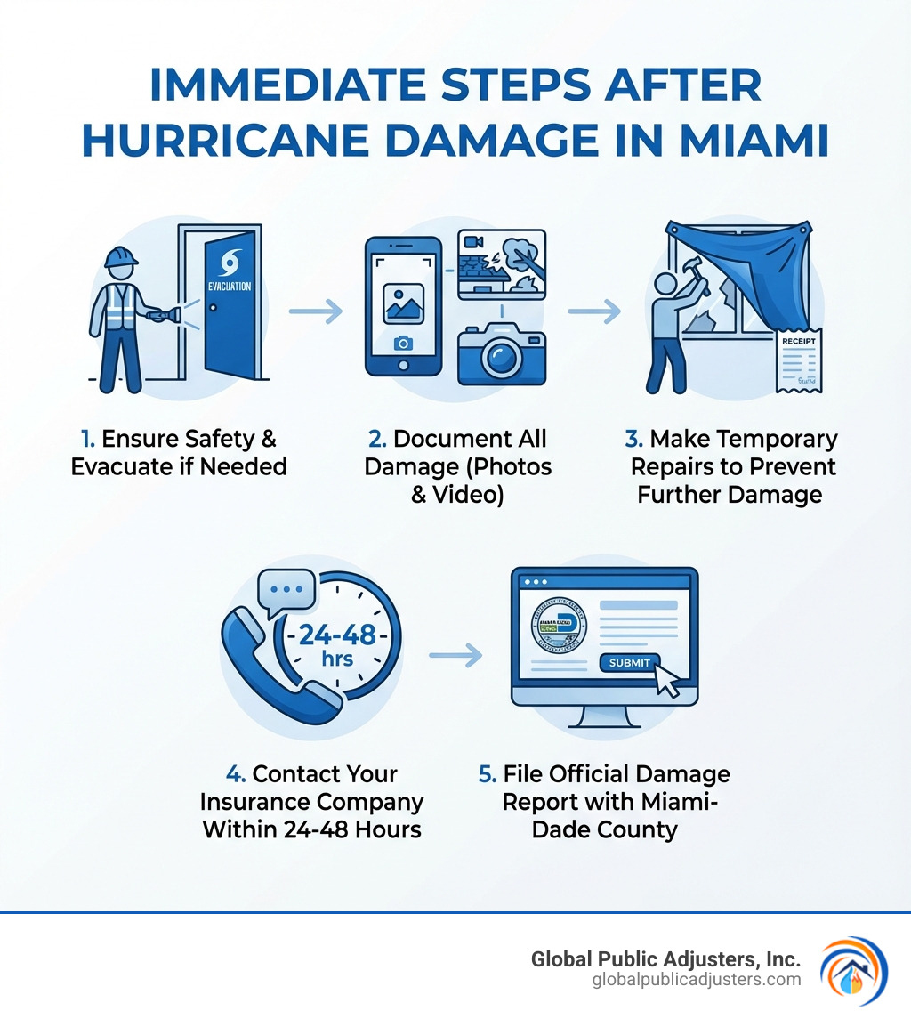 infographic showing the immediate steps after hurricane damage: 1. Ensure safety and evacuate if needed, 2. Document all damage with photos and video, 3. Make temporary repairs to prevent further damage, 4. Contact your insurance company within 24-48 hours, 5. File official damage report with Miami-Dade County - hurricane damage claims miami infographic 