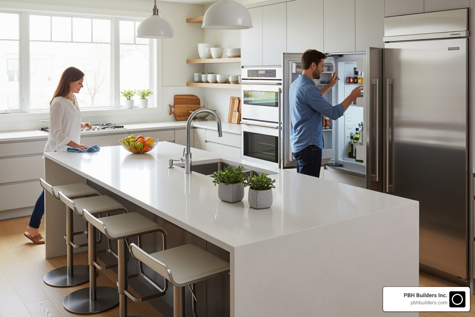 Kitchen image illustrating correct aisle spacing between an island and main counter, with people comfortably moving - Efficient kitchen layout design Kitchen image illustrating correct aisle spacing between an island and main counter, with people comfortably moving - Efficient kitchen layout design