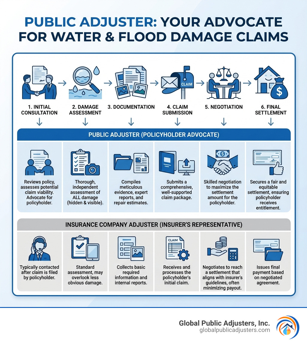 infographic showing the step-by-step process of how a public adjuster handles a water or flood damage claim from initial consultation through damage assessment, documentation, claim submission, negotiation with the insurance company, and final settlement, with icons representing each stage and highlighting the public adjuster's role as policyholder advocate versus the insurance company adjuster's role - flood damage public adjuster infographic 