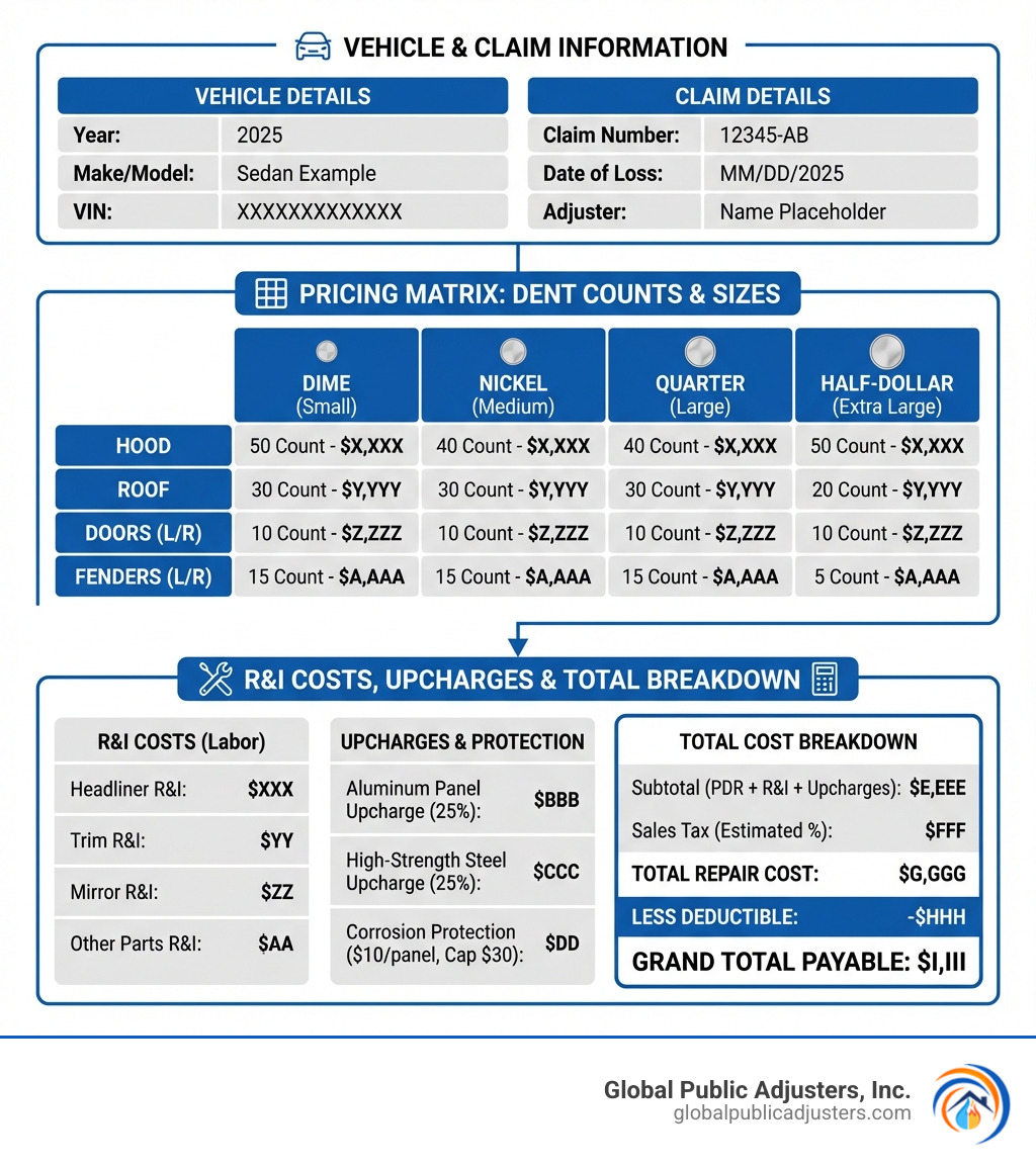 Infographic showing a sample hail damage estimate sheet with labeled sections: top section shows vehicle and claim information, middle section displays a pricing matrix with dent counts and sizes (Dime, Nickel, Quarter, Half-Dollar) across different panels (Hood, Roof, Doors, Fenders), bottom section lists R&I costs, upcharges for aluminum panels and corrosion protection, and total cost breakdown including deductible - hail damage estimate sheet infographic 