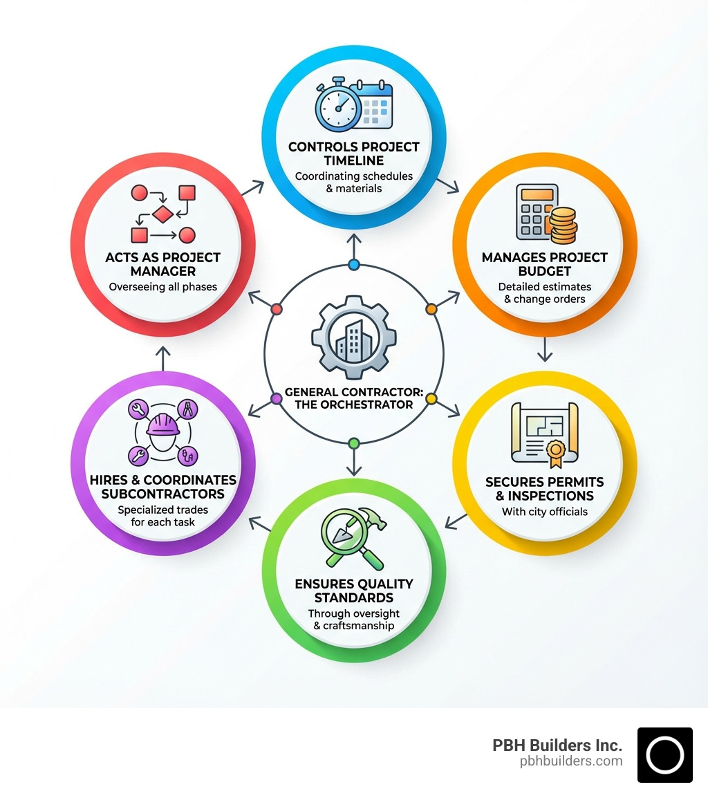 Infographic showing the role of a general contractor: Acts as Project Manager overseeing all phases, Hires and Coordinates Specialized Subcontractors for each trade, Secures Building Permits and Arranges Inspections with city officials, Manages Project Budget with detailed estimates and change orders, Controls Project Timeline coordinating schedules and materials, Ensures Quality Standards through oversight and craftsmanship - general contractor Coronado infographic Infographic showing the role of a general contractor: Acts as Project Manager overseeing all phases, Hires and Coordinates Specialized Subcontractors for each trade, Secures Building Permits and Arranges Inspections with city officials, Manages Project Budget with detailed estimates and change orders, Controls Project Timeline coordinating schedules and materials, Ensures Quality Standards through oversight and craftsmanship - general contractor Coronado infographic