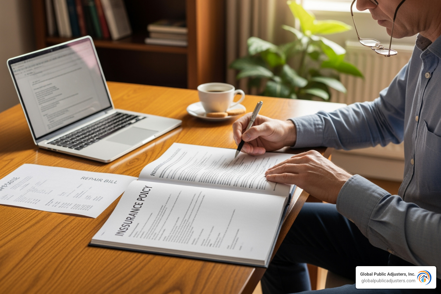 person comparing repair bill to insurance policy - insurance claim water leak