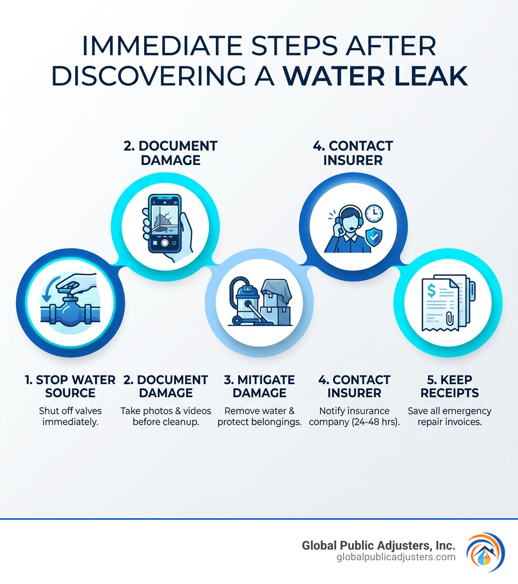 infographic showing 5 immediate steps after discovering a water leak: 1. Stop the water source by shutting off valves, 2. Document damage with photos and videos, 3. Remove standing water and protect belongings, 4. Contact your insurance company within 24-48 hours, 5. Keep all receipts for emergency repairs - insurance claim water leak infographic 