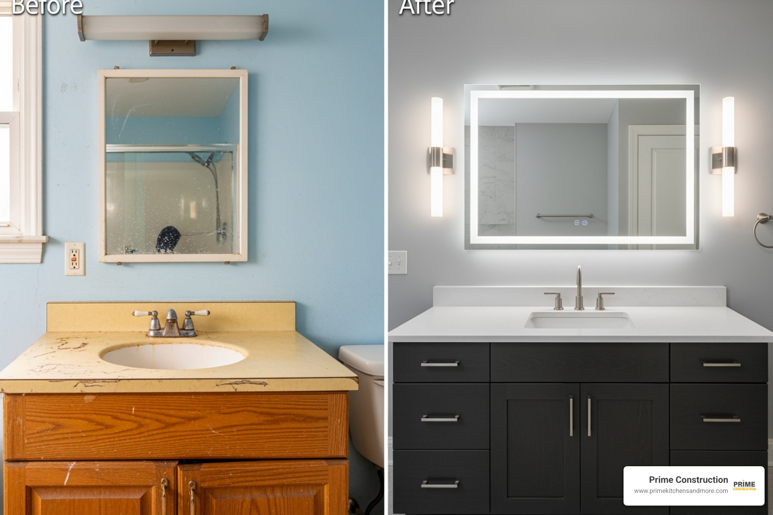 before-and-after comparison showing an old, dated vanity and a new, stylish one - change bathroom vanity