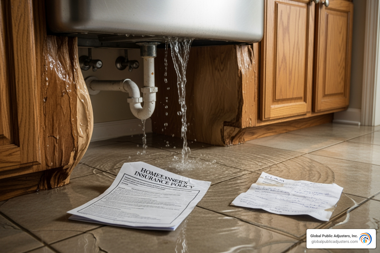 insurance policy document with a magnifying glass over it - plumbing leak insurance claim