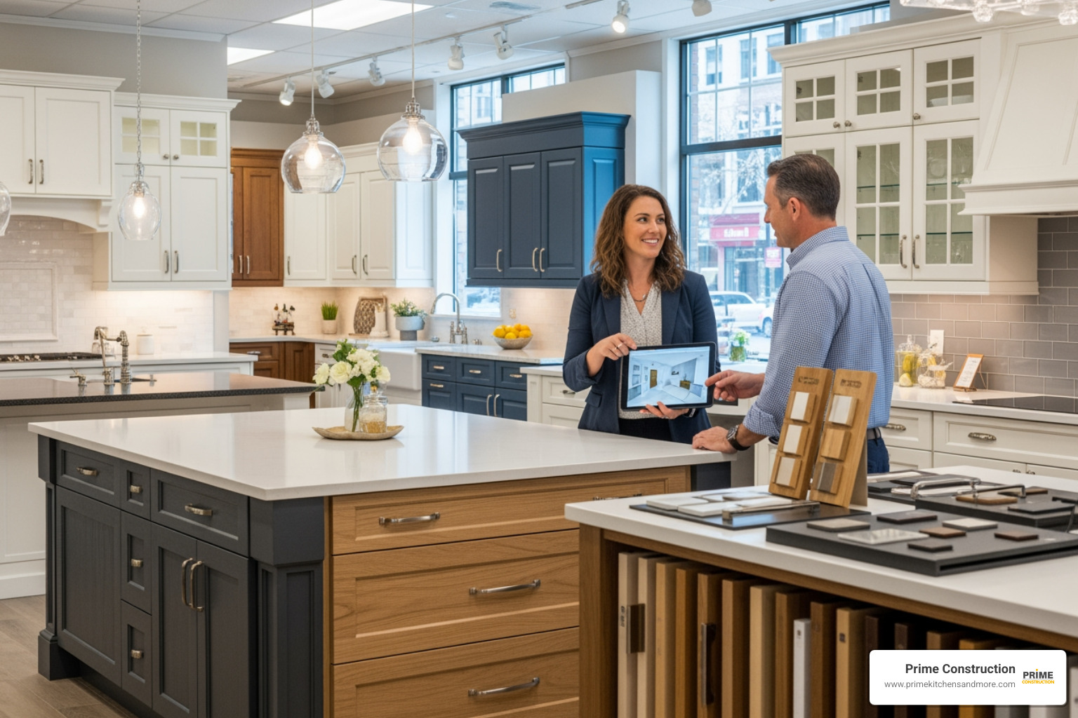 friendly designer talking to a customer in a cabinet showroom - cabinetry near me