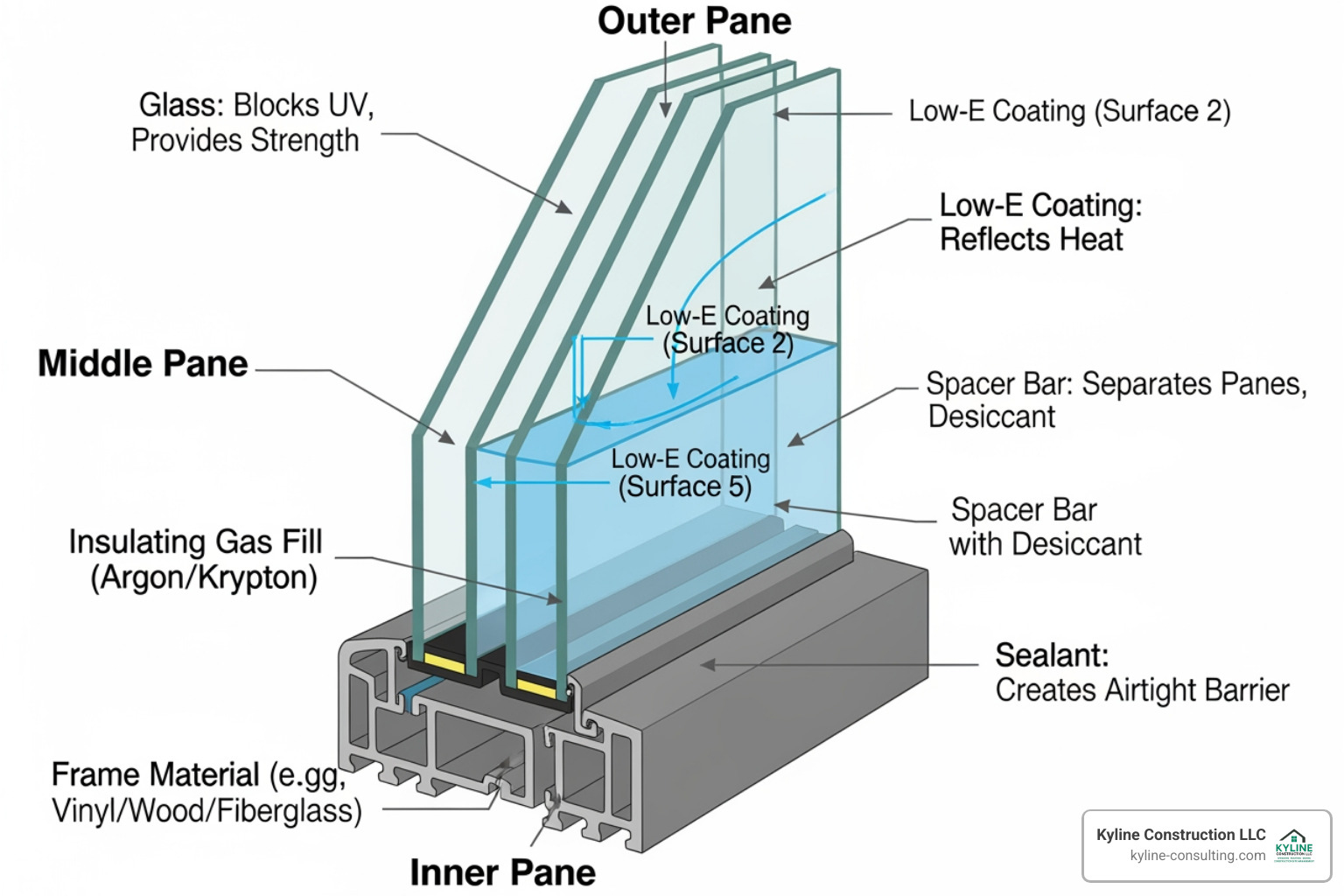 Cross-section of a triple-pane window showing gas fill and Low-E coatings - high efficiency windows