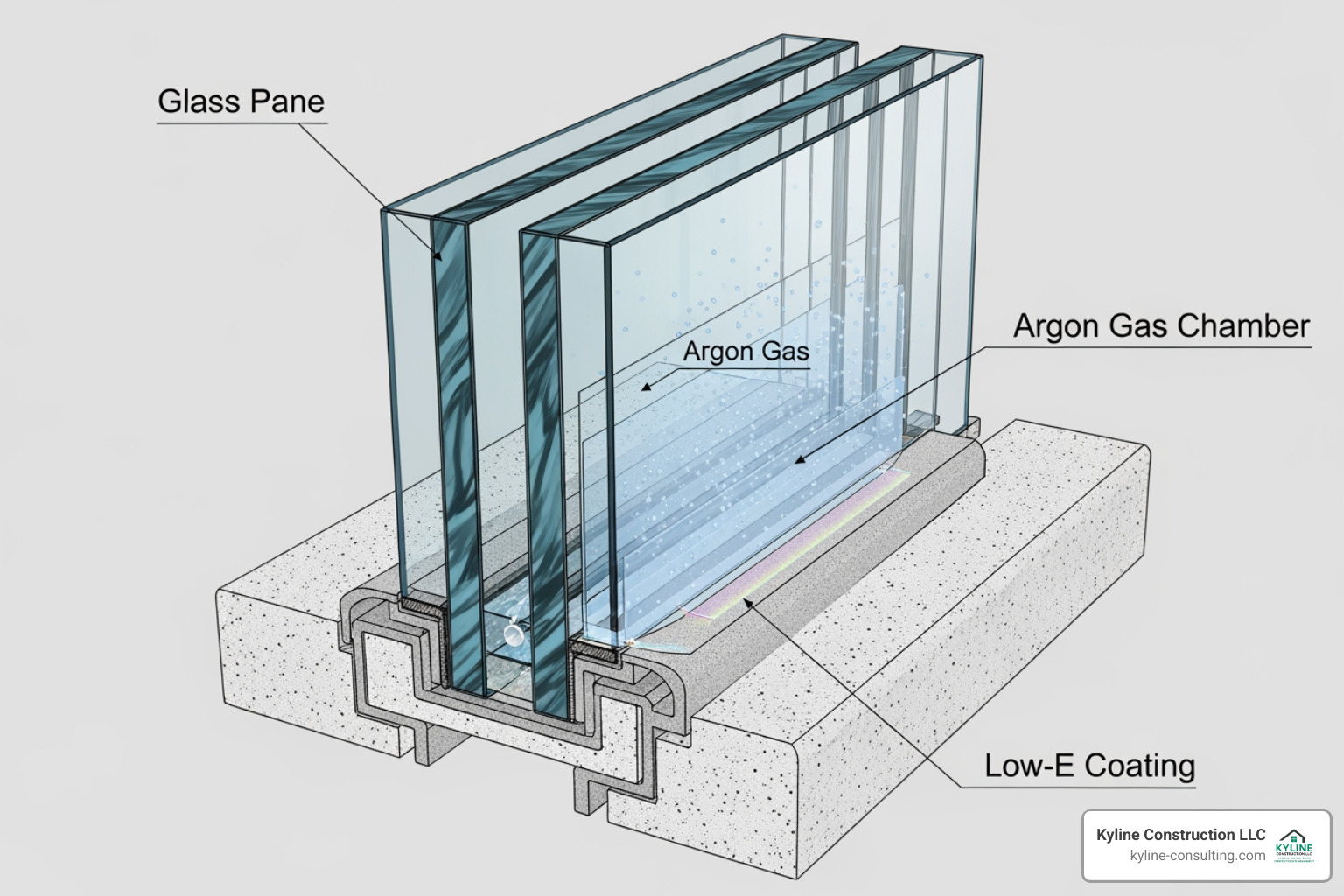 A cutaway view showing Low-E coating and argon gas inside a glass block - energy efficient glass block windows