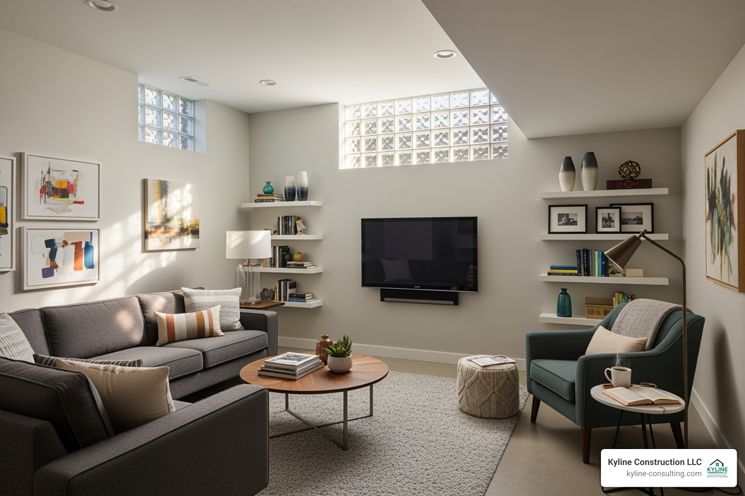A stylish basement room illuminated by a glass block window - energy efficient glass block windows