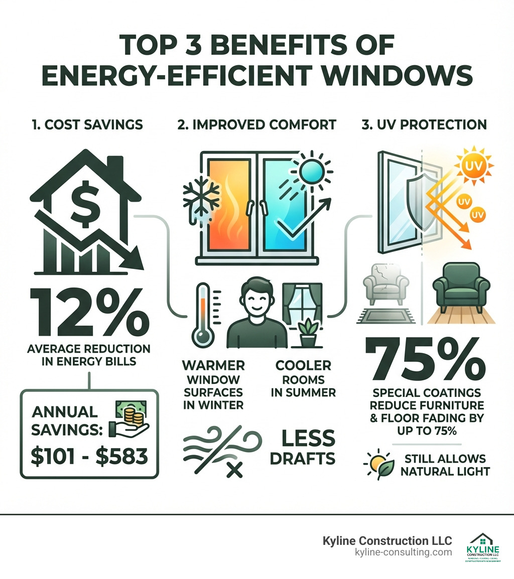 Infographic showing the top 3 benefits of energy-efficient windows: 1) Cost Savings - Average 12% reduction in energy bills with $101-$583 annual savings, 2) Improved Comfort - Warmer window surfaces in winter, cooler rooms in summer, less drafts, 3) UV Protection - Special coatings reduce furniture and floor fading by up to 75% while still allowing natural light - high efficiency windows infographic 