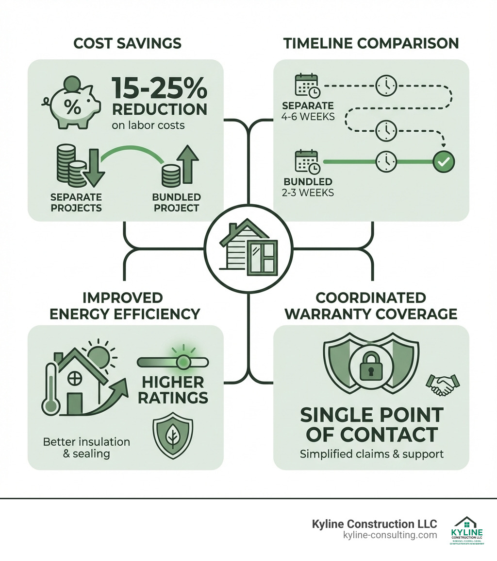 infographic showing bundled project benefits including cost savings percentage, timeline comparison, improved energy efficiency ratings, and coordinated warranty coverage - siding and windows estimate infographic 