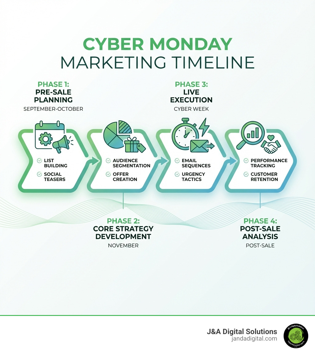 Cyber Monday Marketing Timeline showing four phases: Pre-Sale Planning (September-October) with list building and social teasers, Core Strategy Development (November) with audience segmentation and offer creation, Live Execution (Cyber Week) with email sequences and urgency tactics, and Post-Sale Analysis with performance tracking and customer retention - cyber monday marketing strategies infographic 