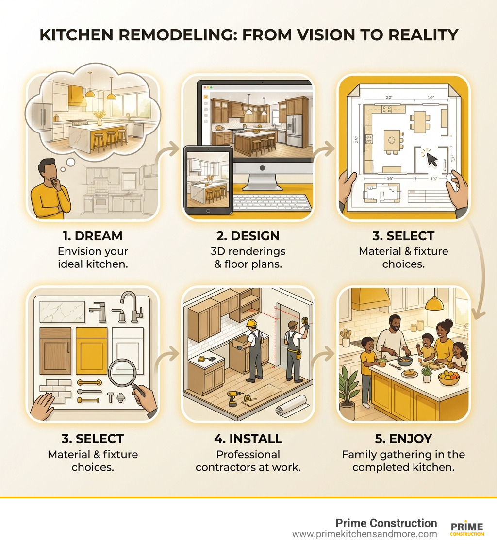 infographic showing the five key phases of kitchen remodeling: Dream phase with homeowner envisioning their ideal kitchen, Design phase with 3D renderings and floor plans, Select phase showing material and fixture choices, Install phase with professional contractors at work, and Enjoy phase with family gathering in the completed kitchen - kitchen remodeling Winter Garden infographic 