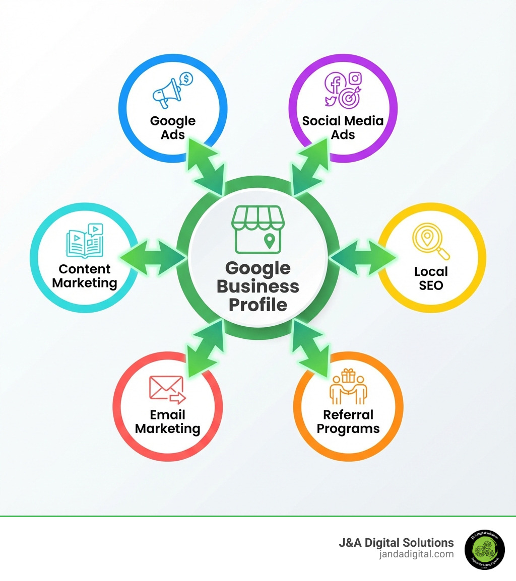 infographic showing the key advertising channels for cleaning businesses including Google Business Profile at the center, surrounded by Google Ads, Social Media Ads, Local SEO, Referral Programs, Email Marketing, and Content Marketing with arrows indicating lead flow - cleaning business advertising infographic infographic showing the key advertising channels for cleaning businesses including Google Business Profile at the center, surrounded by Google Ads, Social Media Ads, Local SEO, Referral Programs, Email Marketing, and Content Marketing with arrows indicating lead flow - cleaning business advertising infographic