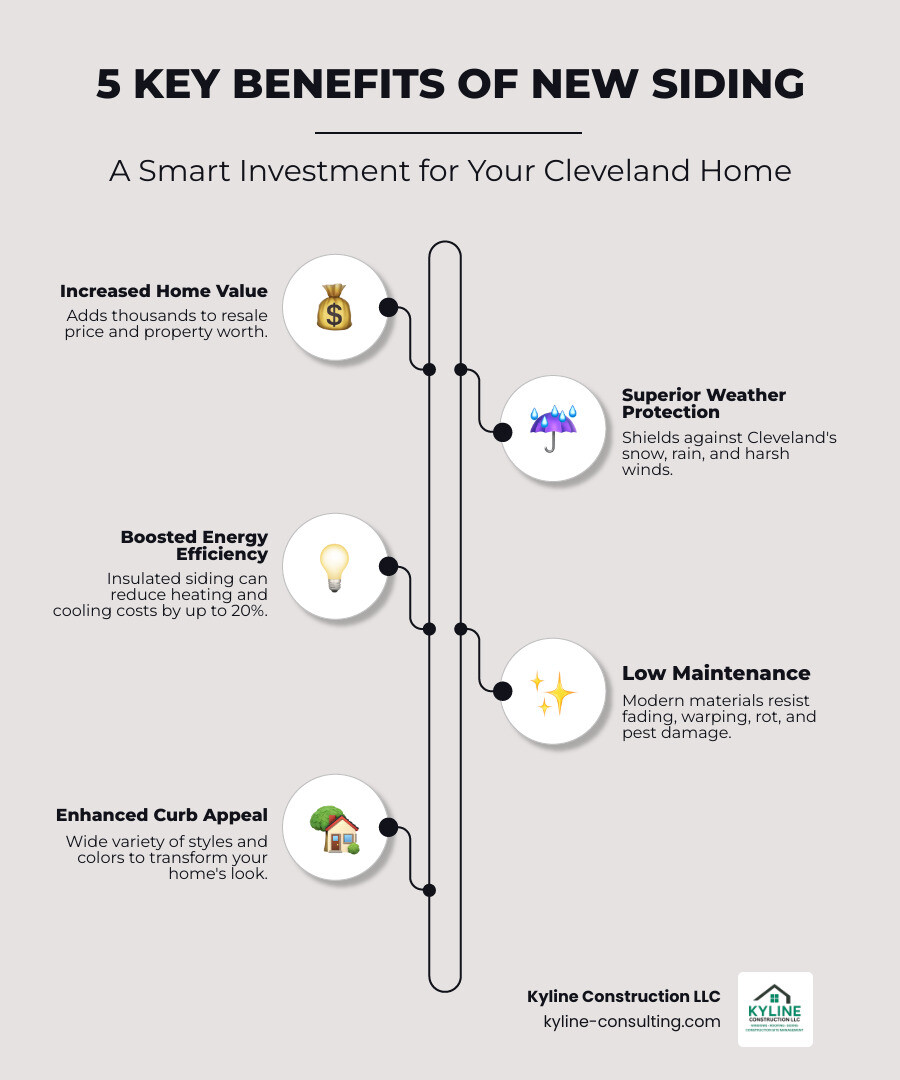 infographic showing 5 key benefits of new siding: 1. Increased Home Value (adds thousands to resale price), 2. Weather Protection (shields against Cleveland's snow, rain, and wind), 3. Energy Efficiency (insulated siding reduces heating and cooling costs by up to 20%), 4. Low Maintenance (modern materials resist fading, warping, and rot), 5. Enhanced Curb Appeal (wide variety of styles and colors available) - siding contractors cleveland ohio infographic infographic-line-5-steps-elegant_beige