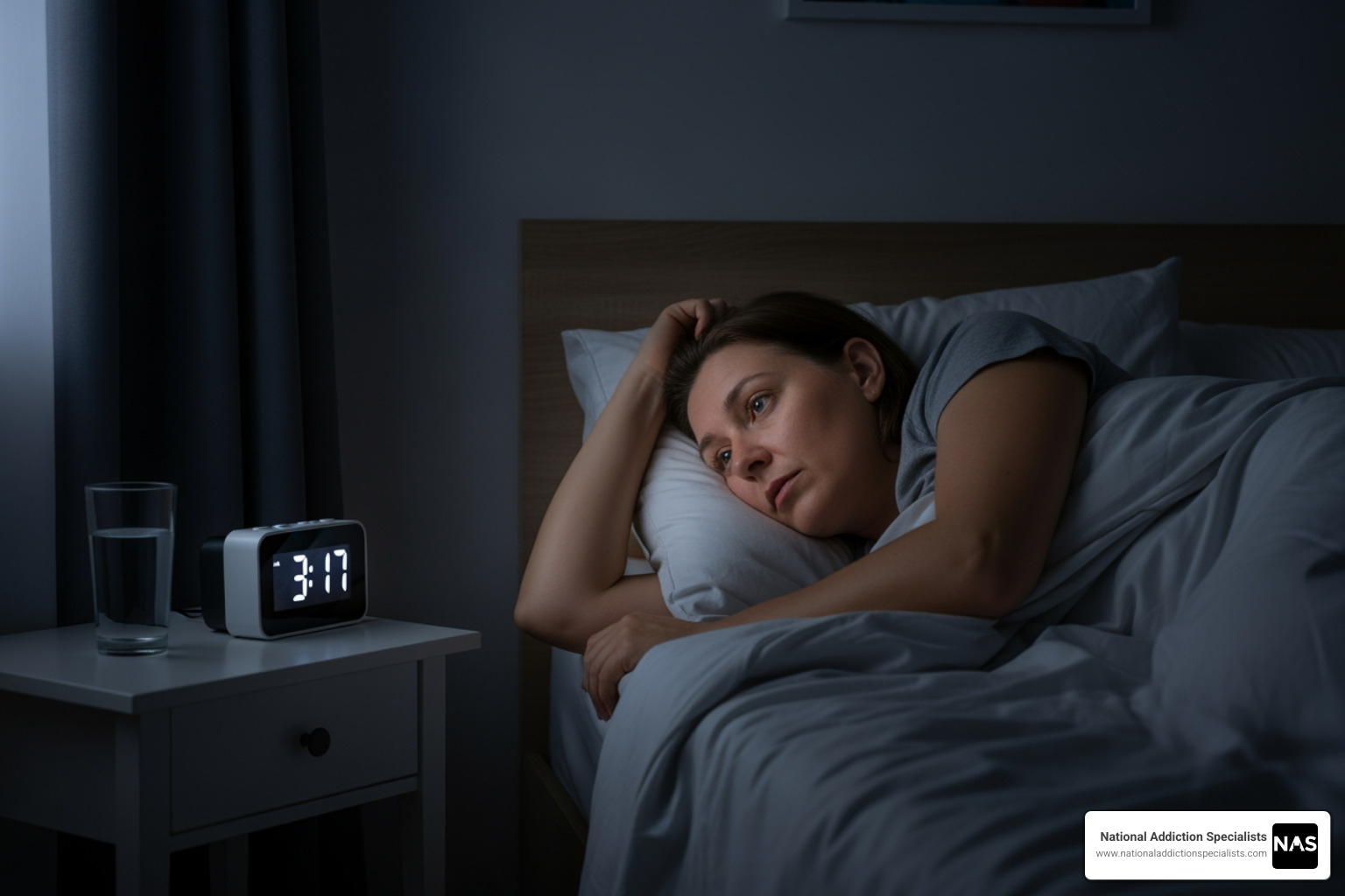 A person lying awake in bed, checking the clock - Suboxone and insomnia