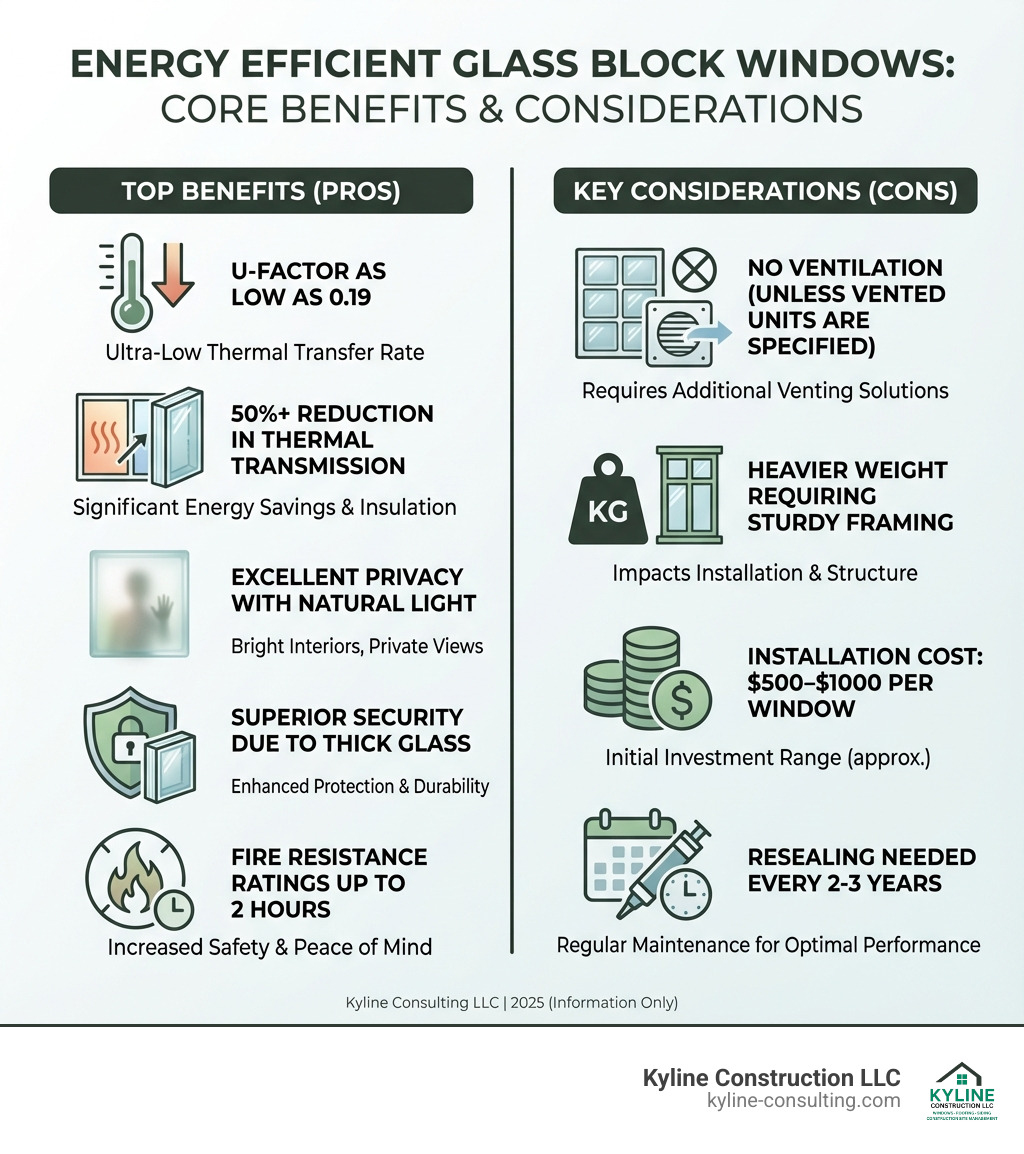 Infographic showing the core benefits and considerations of energy efficient glass block windows: Top benefits include U-Factor ratings as low as 0.19, 50%+ reduction in thermal transmission, excellent privacy with natural light transmission, superior security due to thick glass construction, and fire resistance ratings up to 2 hours. Key considerations include no ventilation unless vented units are specified, heavier weight requiring sturdy framing, installation cost of $500-$1000 per window, and resealing needed every 2-3 years for optimal performance. - energy efficient glass block windows infographic 