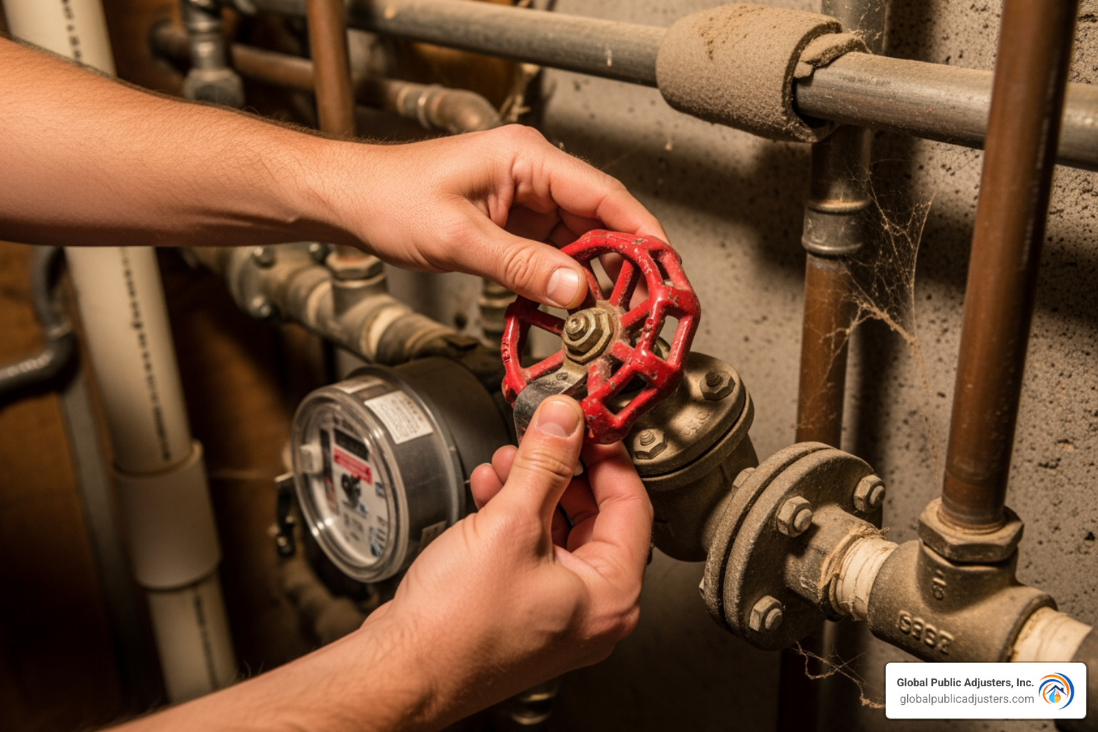 homeowner turning off water main valve - emergency water remediation