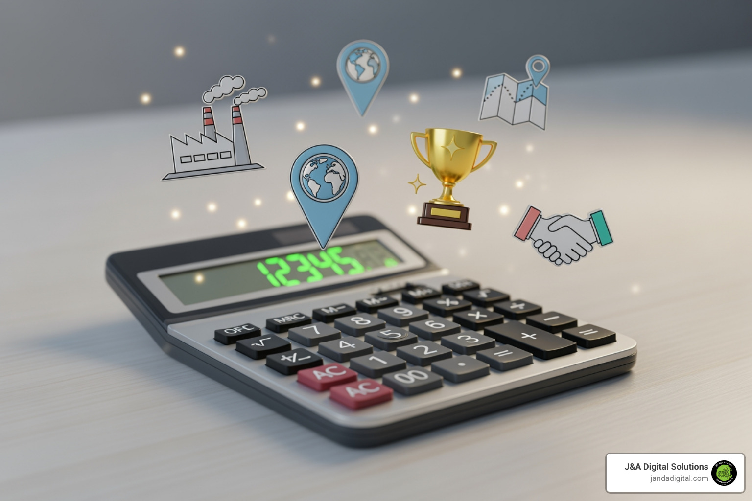 calculator with industry, location, and competition icons - seo monthly packages