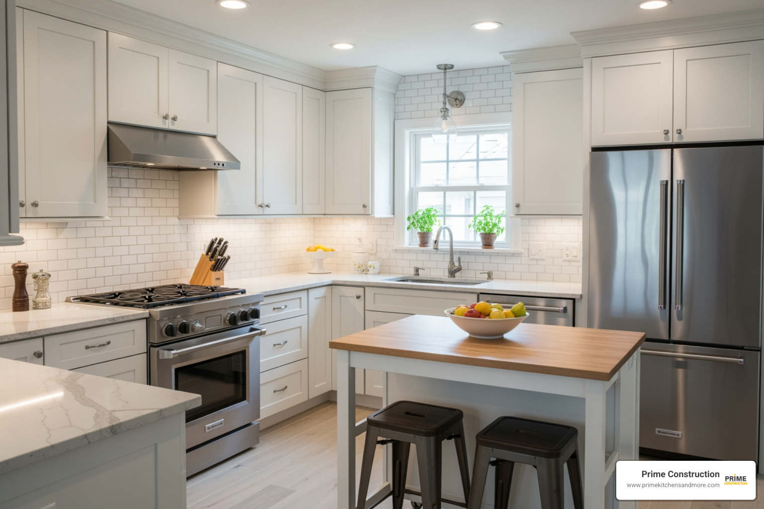 A beautiful L-shaped kitchen layout by Prime Kitchens And More features light cabinetry, a white subway tile backsplash, and stainless steel appliances, with a small movable island in the center offering additional prep space. - best small kitchen design layout