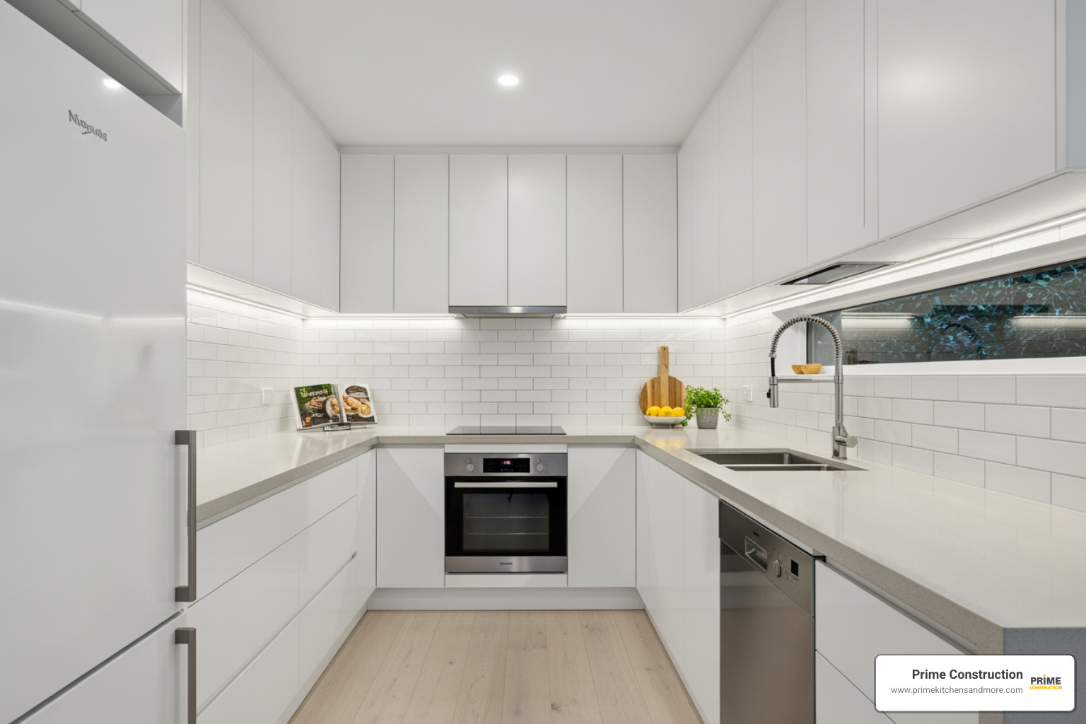 A sleek galley kitchen designed and built by Prime Kitchens And More, featuring minimalist white cabinetry, integrated appliances, and a reflective backsplash that enhances the narrow space. - best small kitchen design layout